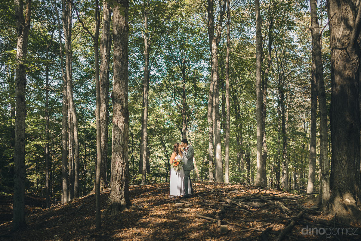 Newlyweds In Forest In Upstate New York On Wedding Day