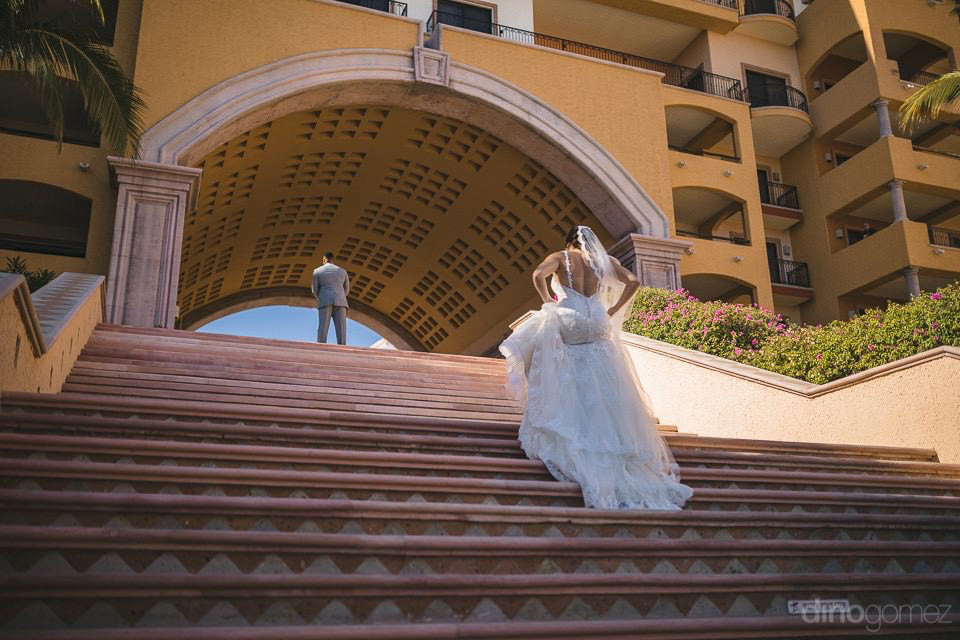 Bride Walking For The First Look - Kimber & Julius' Warmsley Wedding
