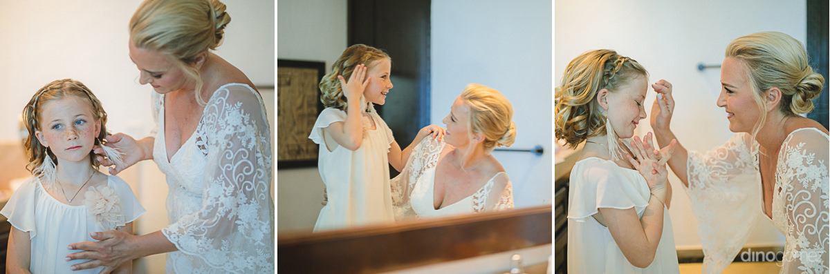 The collage created by the international photographer captures lovely moments between the gorgeous bride and pretty young girl talkig and getting ready- Lara & Darrell